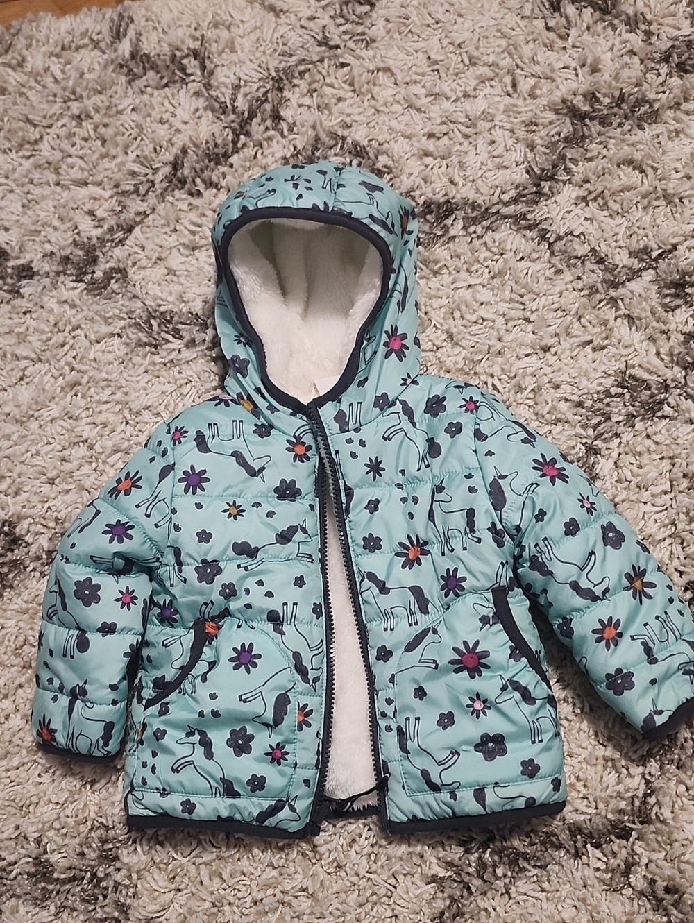Kids' Teal Floral & Animal Puffer Jacket with Hood 12 Month